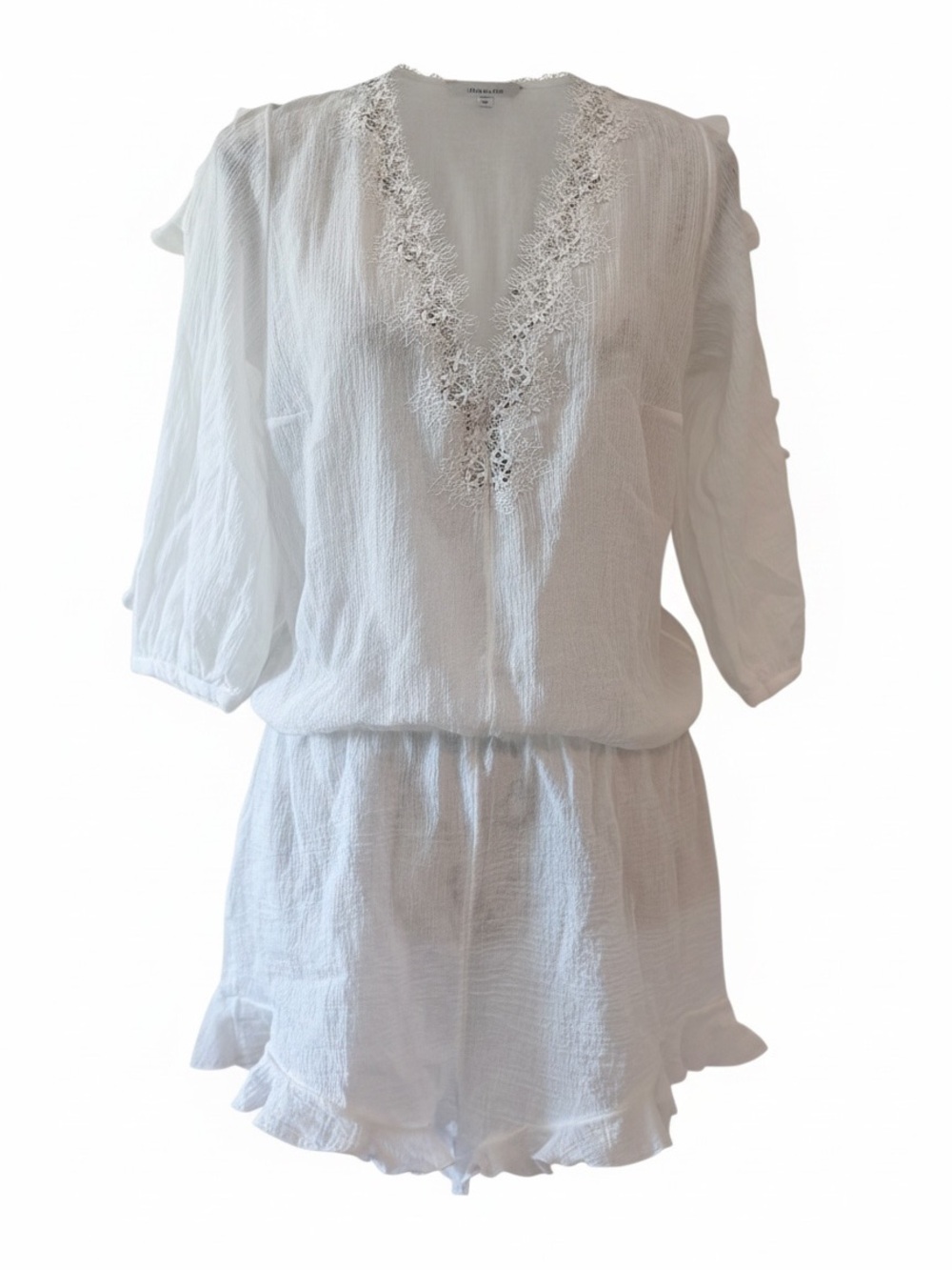 Victorias Secret White Lace Trim Gauze Romper Open Back Ruffle Hem 377995-72Y L